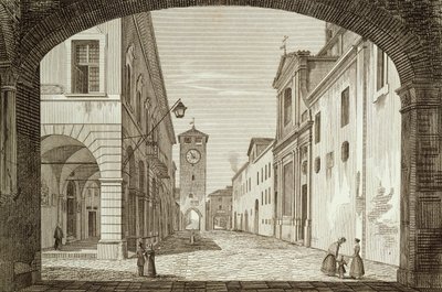 Uitzicht op het plein van Castel Bolognese in Legatie van Ravenna, gegraveerd door Achille Parboni door Achille Parboni