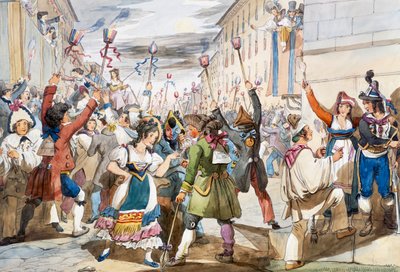 Laatste dag van Carnaval in Rome met moccoletti kaarsen door Achille Pinelli