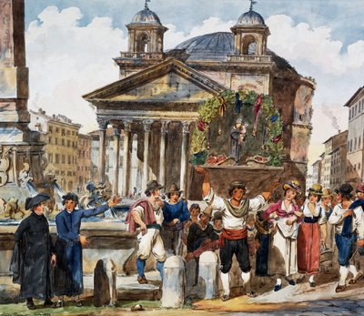 Aardbeienfestival bij het Pantheon in Rome, aquarel door Achille Pinelli door Achille Pinelli