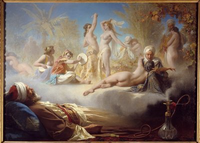 De droom van de gelovige. Een moslim die slaapt na het roken van de waterpijp droomt van oosterse dansers door Achille Zo