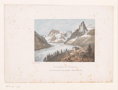 Gezicht op de gletsjer Mer de Glace en Montanvert in de vallei van Chamonix door Ad. Cuvillier