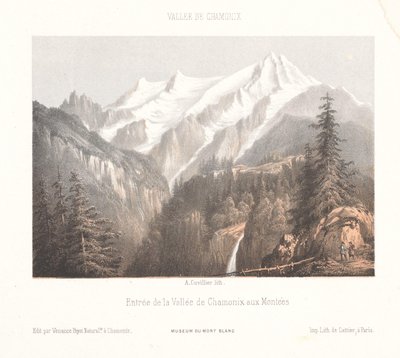 Zicht op Chamonix met de gletsjer Mer-de-Glace en de Aiguille du Dru door Ad. Cuvillier