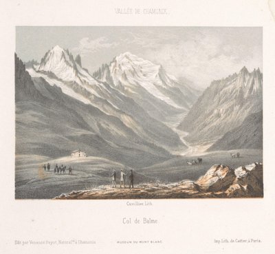Zicht op het dorp Les Planards op de weg naar Montenvers Herinnering aan Chamonix-Mont-Blanc Museum du Mont-Blanc door Ad. Cuvillier