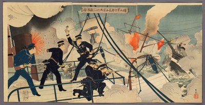 Kabayama, de Chef van de Marine Staf, Aanvallende Vijandelijke Schepen vanaf de Saikyomaru (Kabayama gunreibucho Saikyomaru o motte tekikan ni ataru) door Adachi  Ginkō