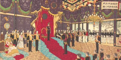 Uitzicht op de uitgifte van de staatsgrondwet in de staatskamer van..., 2 maart 1889 Meiji 22 door Adachi  Ginkō