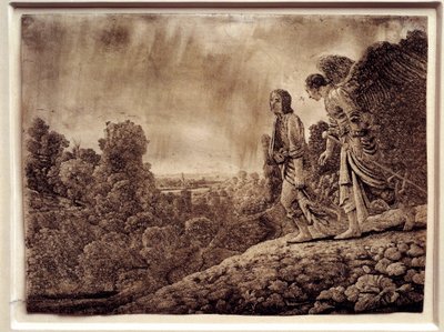 Tobias en de engel (Sterkwater op koper) door Adam (after) Elsheimer