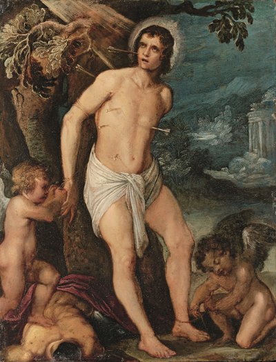 Sint Sebastiaan bijgestaan door engelen door Adam (circle of) Elsheimer