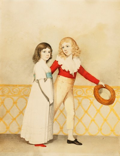 Portret van William Bellingham Budworth en zijn zus Emma Mary, klein volledig lengte, op een balkon, 1795 door Adam Buck