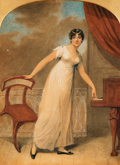 Portret van een dame, staand in een witte jurk bij een piano, 1801 door Adam Buck