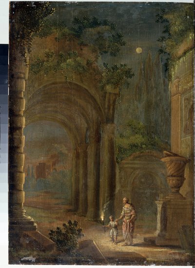 Landschap van ruïnes bij maanlicht door Adam Elsheimer