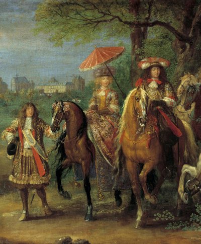 Koning Lodewijk XIV (1638-1715) en koningin Marie-Therese van Oostenrijk (1638-1683) wandelend voor het kasteel van Vincennes in 1669 (detail) door Adam Frans van der Meulen