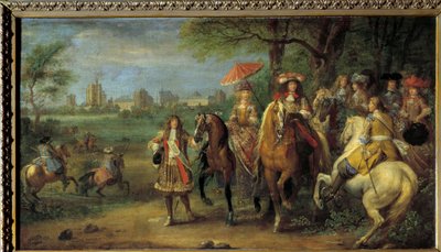 Koning Lodewijk XIV en Koningin Marie-Therese van Oostenrijk wandelen voor het kasteel van Vincennes in 1669 door Adam Frans van der Meulen