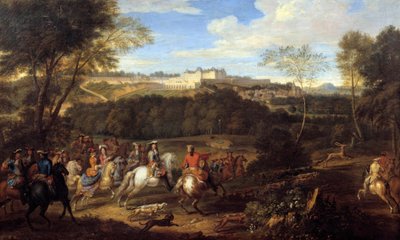 Koning Lodewijk XIV (1638-1715) en het hof op jacht in zicht van het kasteel van Meudon door Adam Frans van der Meulen