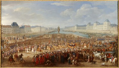 Koning Lodewijk XIV (1638-1715) steekt de Pont Neuf over in zijn koets door Adam Frans van der Meulen