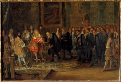 Koning Lodewijk XIV ontvangt Zwitserse ambassadeurs in het Louvre door Adam Frans van der Meulen