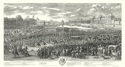 Lodewijk XIV van Frankrijk en zijn garde steken de Pont-Neuf in Parijs over op weg naar het Palais du Louvre door Adam Frans van der Meulen