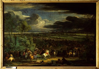 De Oorlog van Devolutie (1667-1668): Uitzicht op de Mars van het Leger van Koning Lodewijk XIV op Kortrijk op 18 juli 1667 door Adam Frans van der Meulen