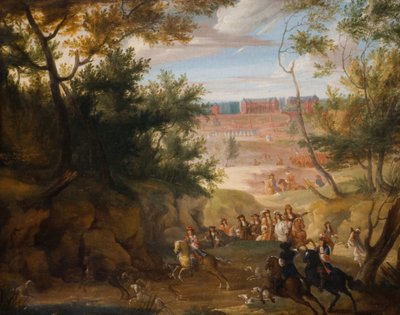 Uitzicht op Versailles met Lodewijk XIV en Jagers, 1700 door Adam Frans van der Meulen