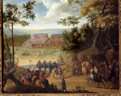 Zicht op Versailles in 1664 met de Koning van Frankrijk Lodewijk XIV en een gezelschap Musketiers door Adam Frans van der Meulen