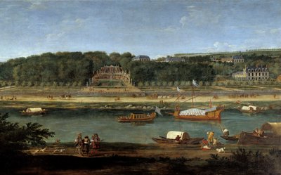 Zicht op het kasteel van Saint Cloud met de koninklijke galerij aan de Seine door Adam Frans van der Meulen