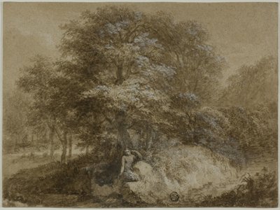 Schaduwrijk bosje met nimf zittend onder boom door Adam Friedrich Oeser