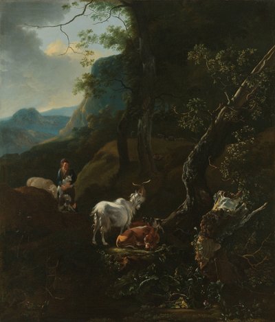 Een herderin met dieren in een bergachtig landschap door Adam Pijnacker