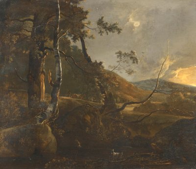 Een bebost landschap met een herder op een pad en een eenzame geit door Adam Pynacker