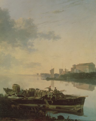 Een houten schuit op de rivier bij zonsondergang door Adam Pynacker