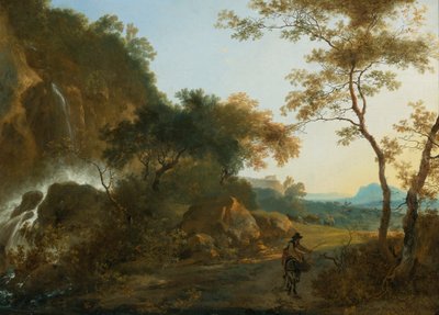 Italianiserend landschap met een reiziger op een pad bij een waterval door Adam Pynacker