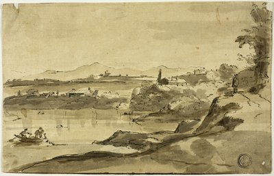 Landschap met visser in meer door Adam Pynacker