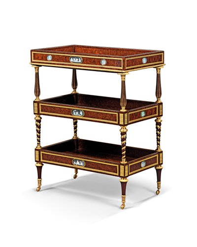 Late Louis XVI ormolu en camee-gemonteerde burr yew hout en mahonie tafel travailleuse door Adam Weisweiler
