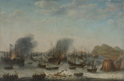 De nederlaag van de Spanjaarden bij Gibraltar door een Nederlandse vloot onder bevel van admiraal Jacob van Heemskerck, 25 april 1607 door Adam Willaerts (signed by artist)