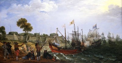 Een Nederlandse oorlogssquadron valt een Spaanse koloniale vesting aan, verdedigd door boten door Adam Willaerts