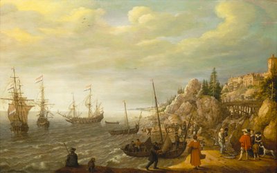 Nederlandse schepen voor anker bij een versterkte Scandinavische stad door Adam Willaerts