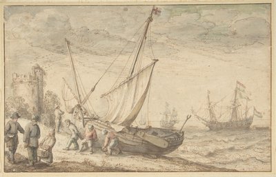 Vissers trekken hun boot op de kust, n.d. door Adam Willaerts