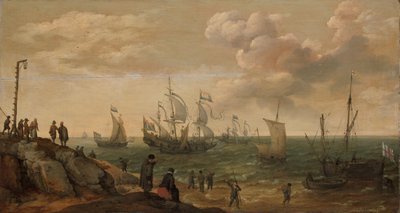 Schepen voor een kust door Adam Willaerts