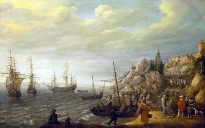 Drie Nederlandse schepen voor anker in een baai voor een Scandinavische versterkte stad door Adam Willaerts