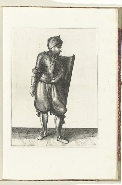 De exercitie met de targe en rapier: de soldaat brengt de targe van de rug over de linkerschouder (nr. 2), 1618 door Adam van Breen