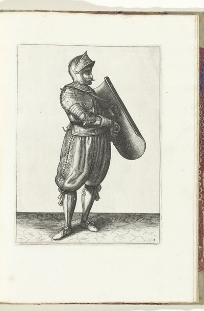 De exercitie met de targe en rapier: de soldaat houdt de targe iets naar voren om de rapier te kunnen trekken (nr. 4), 1618 door Adam van Breen