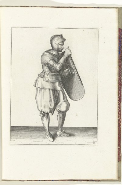 De exercitie met de targe en rapier: de soldaat houdt de targe vast met de rechterhand en grijpt met de linkerhand de riem (nr. 3), 1618 door Adam van Breen