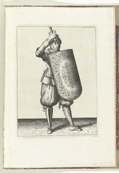 De exercitie met de targe en rapier: hoe de soldaat het vizier van zijn helm moet sluiten met de targe en de getrokken rapier in de hand (nr. 7), 1618 door Adam van Breen
