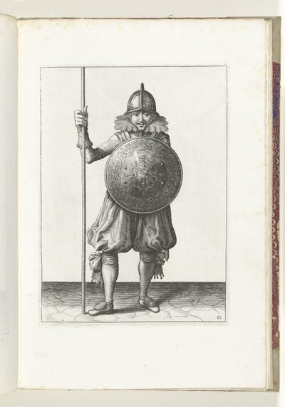 De exercitie met schild en spies: de soldaat brengt in drie tijden de spies weer terug in de rustpositie, derde beweging (nr. 12), 1618 door Adam van Breen
