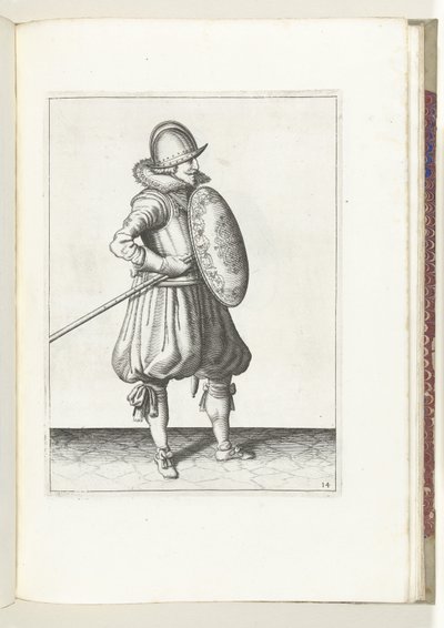 De exercitie met schild en spies: de soldaat brengt in twee tijden de spies in positie om te slepen, tweede beweging (nr. 14), 1618 door Adam van Breen