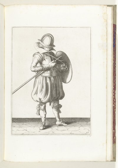 De exercitie met schild en spies: de soldaat houdt spies en schild dicht bij het lichaam (nr. 15), 1618 door Adam van Breen