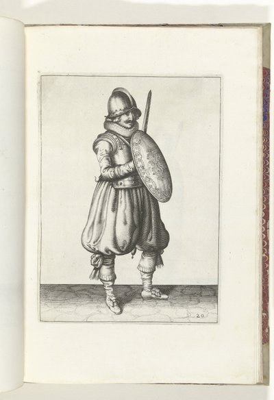 De exercitie met schild en spies: de soldaat in de houding met zijn rapier en schild voor de borst (nr. 20), 1618 door Adam van Breen