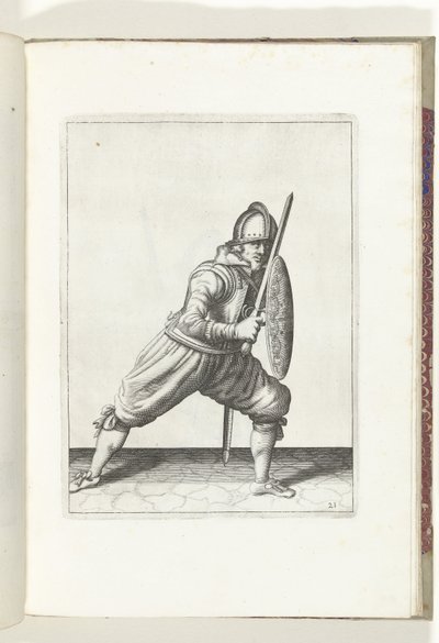 De exercitie met schild en spies: de soldaat in een verdedigende houding met een voet naar voren en met zijn rapier en schild op de knie voor het lichaam (nr. 21), 1618 door Adam van Breen