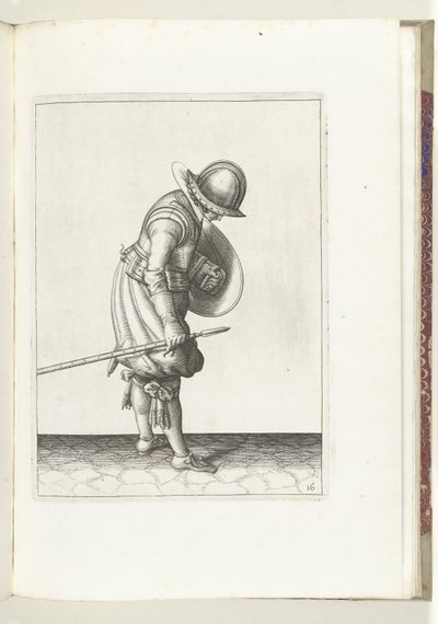 De exercitie met schild en spies: de soldaat legt de spies naast zijn rechtervoet op de grond (nr. 16), 1618 door Adam van Breen