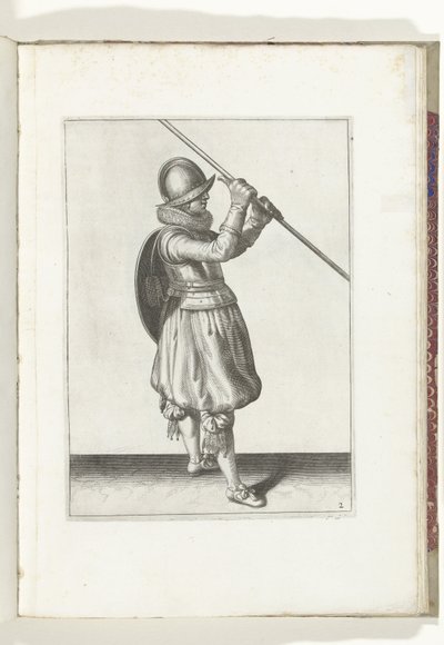 De exercitie met schild en spies: de soldaat met de spies schuin in beide handen en het schild op de rug (nr. 2), 1618 door Adam van Breen