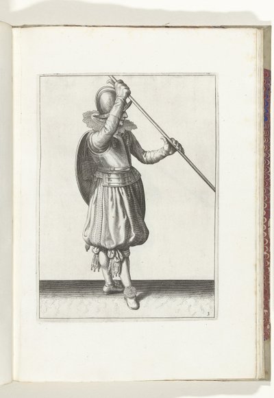 De exercitie met schild en spies: de soldaat met de spies schuin in beide handen met de rechterhand bij het hoofd en het schild op de rug (nr. 3), 1618 door Adam van Breen