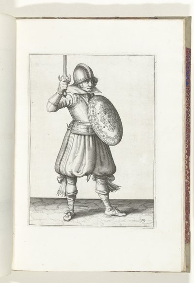 De exercitie met schild en spies: de soldaat presenteert zijn rapier met de hand niet hoger dan zijn gezicht (nr. 19), 1618 door Adam van Breen